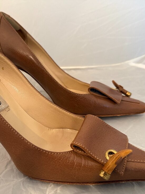 Jimmy Choo Shoes - Vintage Jimmy Choo Brown Leather Pumps Heels with Horn Detail – Women's Size 7